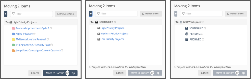 Move modal windows. Move items to another project, package or collection.
